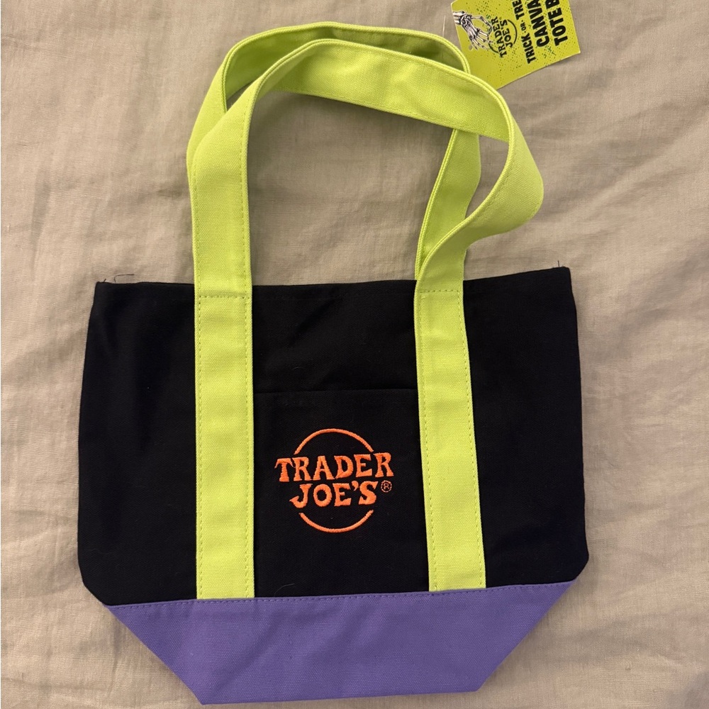 Trader Joe's Black and Purple Mini Tote Bag with Green Handles